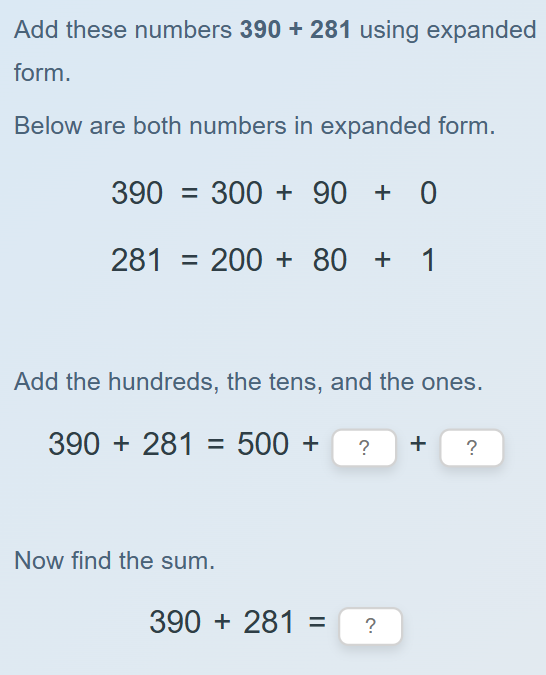 Use expanded form to add three-digit numbers - with regrouping